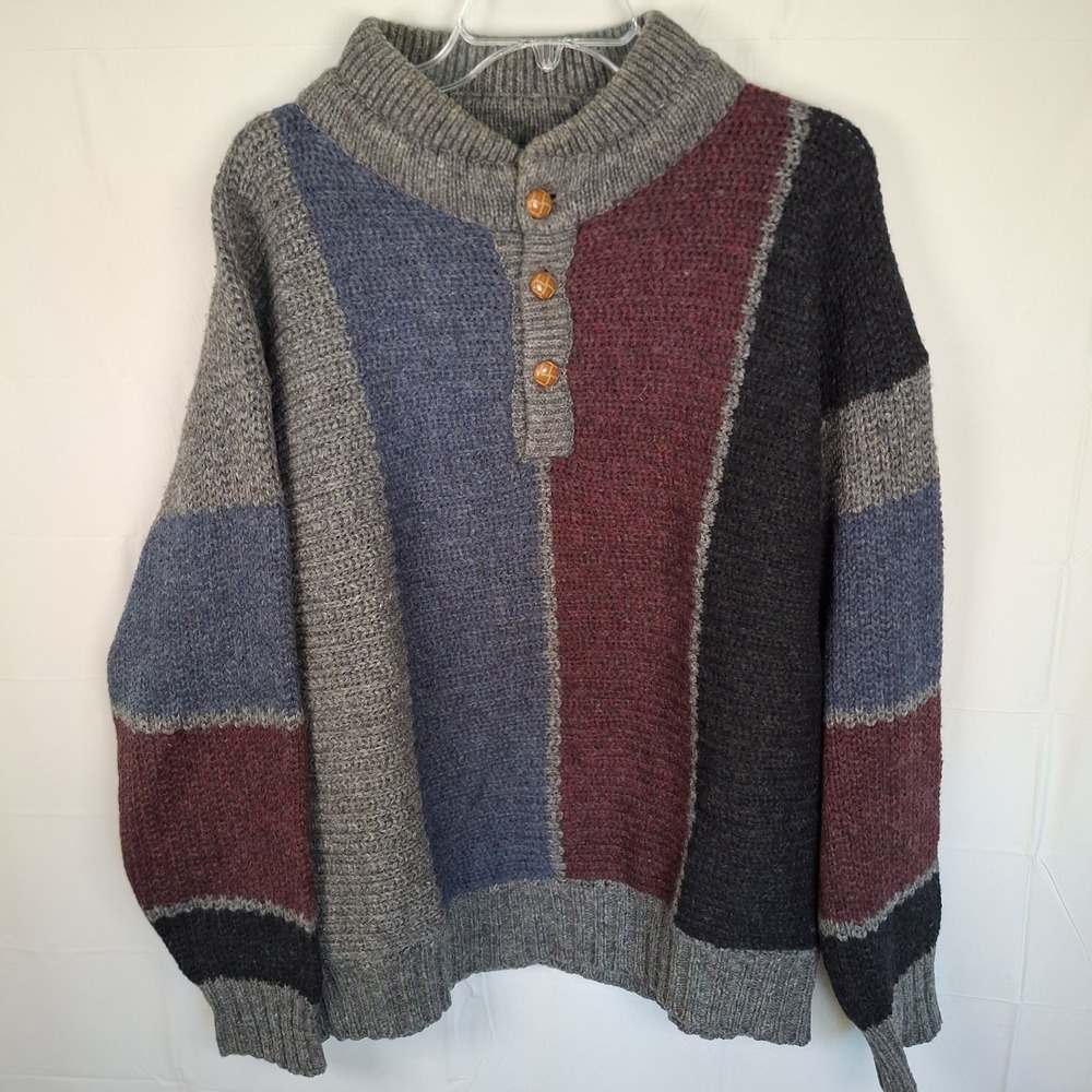 Vtg Kenneth Roberts Sweater Mens Large‎ Wool Blend Henley Pullover Coloblock